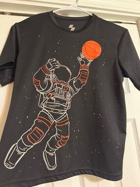 Black Graphic Tee with Orange Space Basketball Design